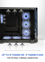 PC case interior with blue LED fans and white airflow arrows, showing support for up to 9×120mm or 4×140mm fans for cooling.