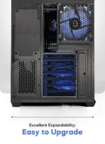Rear view of a black PC tower with blue-lit cooling fans and multiple drive bays, highlighting easy upgrades.