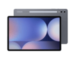 Samsung tablet shown from front and back with a dark frame, displaying a blue-pink gradient wallpaper on the screen and twin rear cameras visible on the back panel.