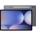 Samsung tablet shown from front and back with a dark frame, displaying a blue-pink gradient wallpaper on the screen and twin rear cameras visible on the back panel.