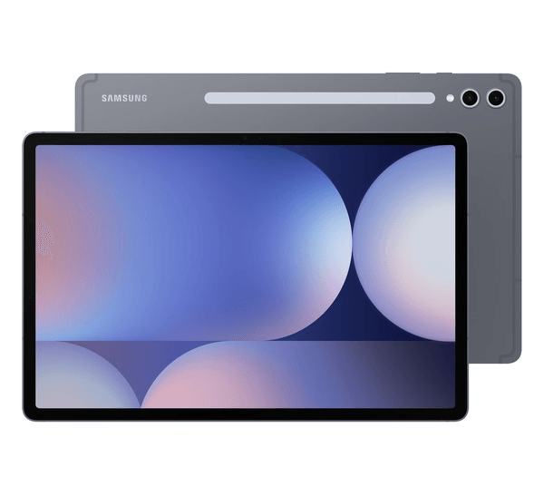 Samsung tablet shown from front and back with a dark frame, displaying a blue-pink gradient wallpaper on the screen and twin rear cameras visible on the back panel.