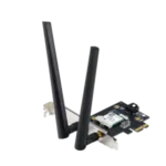 Wi‑Fi PCIe network card with two detachable antennas on a metal bracket against a black background.