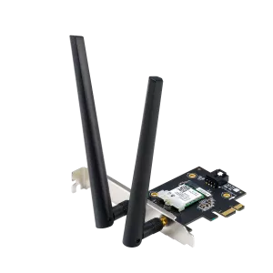 Wi‑Fi PCIe network card with two detachable antennas on a metal bracket against a black background.