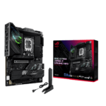 ASUS ROG Strix Z390-F Gaming WiFi motherboard with detachable antennas and its box shown side by side.