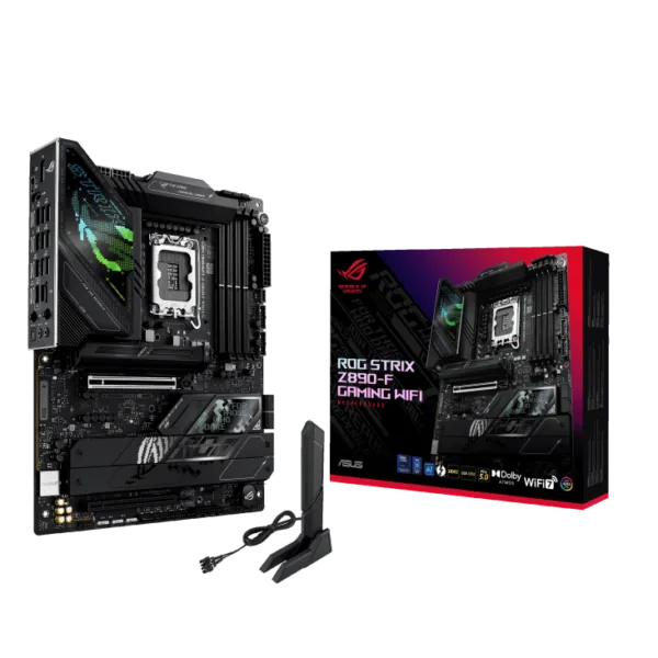 ASUS ROG Strix Z390-F Gaming WiFi motherboard with detachable antennas and its box shown side by side.