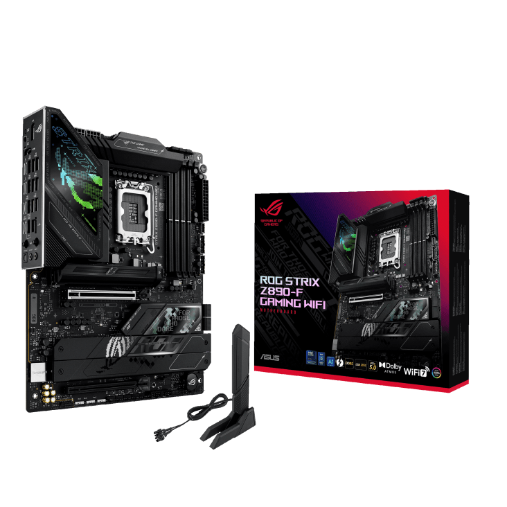 ASUS ROG Strix Z390-F Gaming WiFi motherboard with detachable antennas and its box shown side by side.