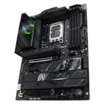 High-end ATX motherboard with large heatsinks, PCIe slots, and an illuminated display panel for gaming performance (gaming/ Creator motherboard)