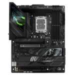 High-end ATX gaming motherboard with a large CPU socket, four DDR4 RAM slots, PCIe slots, and dual M.2 heat sinks under a dark heatsink cover