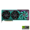 GeForce RTX graphics card with teal and pink accents, three cooling fans, PCIe connector visible, branding on right; gaming GPU design.