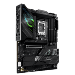 High-end black motherboard with a large illuminated ROG display panel on the left and multiple PCIe slots.