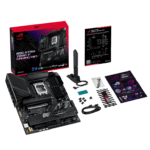 ASUS ROG Strix Z690-F Gaming WiFi motherboard kit laid out with motherboard, antenna, manuals, stickers, cables, and accessories against a black background.