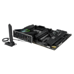 High-end computer motherboard with I/O shield and built-in Wi‑Fi antenna on a black background, angled to show CPU socket and PCIe slots