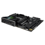 Black PC motherboard with CPU socket, RAM slots, PCIe lanes, and a rear I/O panel with USB and audio ports visible