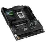 High-end desktop motherboard with PCIe slots, RAM slots, CPU socket, and large cooling area; features an integrated display panel on the I/O shield.