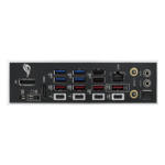 Rear I/O panel of a desktop motherboard with many USB ports, Ethernet, Wi‑Fi antenna, audio jacks, and video outputs (HDMI/DisplayPort).