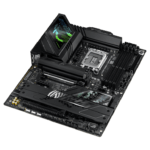 High-end gaming motherboard with an angled LCD panel, PCIe slots, and dual RAM slots surrounded by heat sinks.