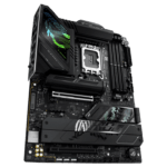 High-end gaming motherboard with large heatsink, PCIe slots, and dual graphics card area seen from angle.