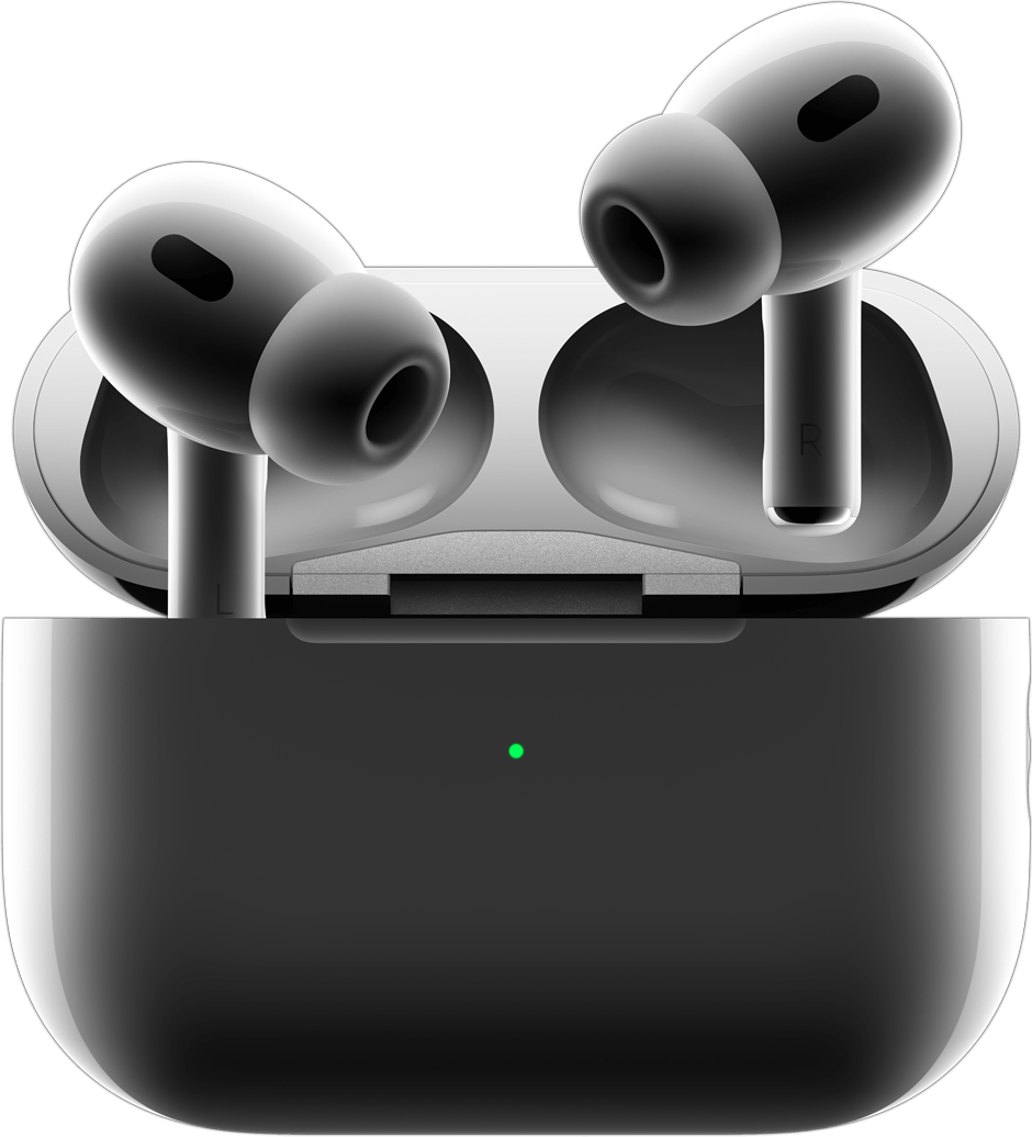 Wireless earbuds resting in an open charging case with a green LED indicator on the front surface. | Ahoundjuè Technologies Wireless earbuds resting in an open charging case with a green LED indicator on the front surface.