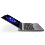 Silver laptop opened at an angle, displaying a purple-blue neon swirl on the screen against a black background.