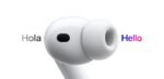 White wireless earbud centered between the words 'Hola' (left) and 'Hello' (right), conveying a bilingual greeting concept | Ahoundjuè Technologies White wireless earbud centered between the words 'Hola' (left) and 'Hello' (right), conveying a bilingual greeting concept