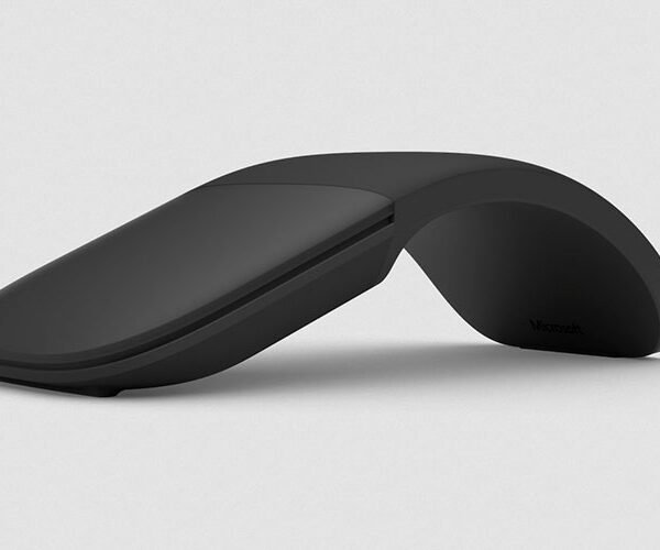 Black wireless ergonomic mouse with a curved, hinge-like design on a light gray background for comfort-focused use imagery.