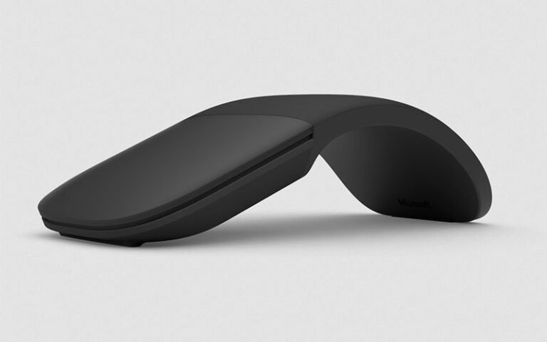 Black wireless ergonomic mouse with a curved, hinge-like design on a light gray background for comfort-focused use imagery.