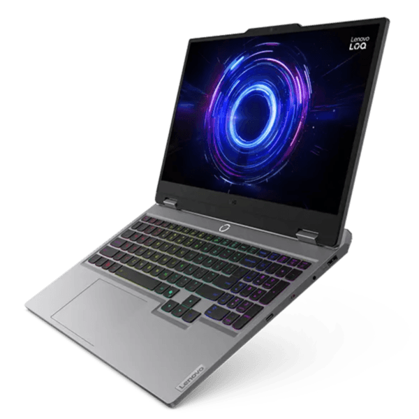 Lenovo gaming laptop open at an angle with a rainbow RGB keyboard and neon circular wallpaper on the screen