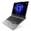 Lenovo gaming laptop open at an angle with a rainbow RGB keyboard and neon circular wallpaper on the screen
