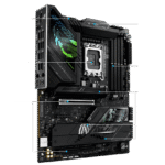 High-end gaming motherboard with a large CPU socket cooler, RAM slots, PCIe slots, and a GPU installed in a vertical orientation