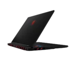Angled view of a black MSI gaming laptop, partially opened, with red vent accents and a red MSI shield on the lid.