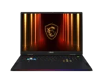 MSI gaming laptop open with RGB keyboard lighting and a dragon shield logo on the screen, set against a neon-lit background.