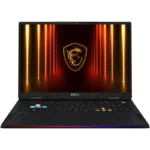MSI gaming laptop open with RGB keyboard lighting and a dragon shield logo on the screen, set against a neon-lit background.