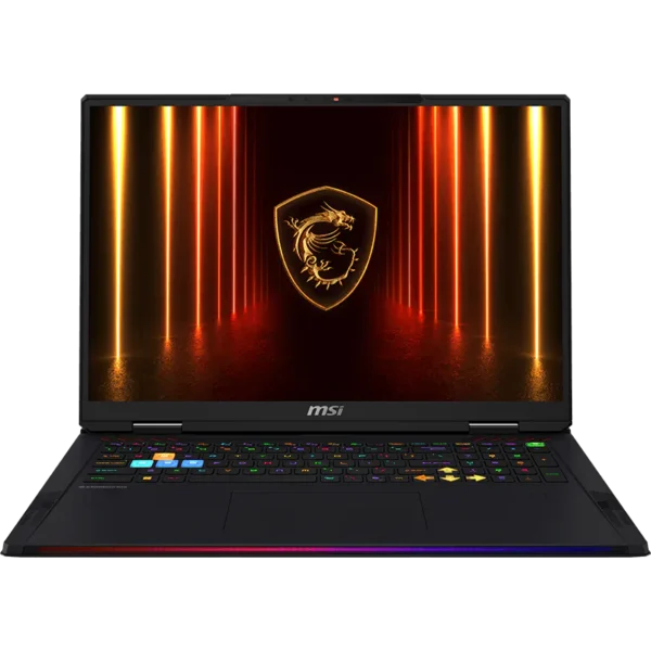 MSI gaming laptop open with RGB keyboard lighting and a dragon shield logo on the screen, set against a neon-lit background.