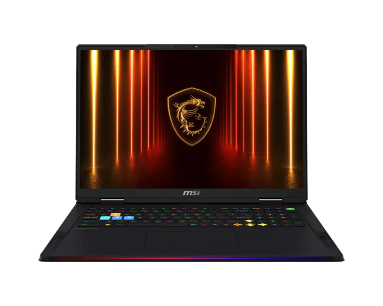 MSI gaming laptop open with RGB keyboard lighting and a dragon shield logo on the screen, set against a neon-lit background.
