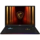 MSI gaming laptop open with RGB keyboard lighting and a dragon shield logo on the screen, set against a neon-lit background.