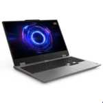 Open Lenovo Legion LOQ gaming laptop with rainbow RGB keyboard on a silver chassis, angled view from above.