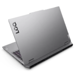 Silver Lenovo laptop open in a 3/4 view, showcasing a metallic lid and keyboard.