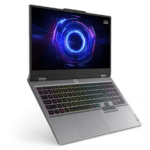 Gaming laptop with RGB backlit keyboard and a neon circular screen design on display.