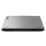 Closed silver Lenovo laptop viewed from the front, backside ports visible along the hinge area.
