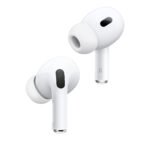Close-up of white wireless earbuds with silicone tips and short stems, angled to show ear tips and outer speaker grills. | Ahoundjuè Technologies Close-up of white wireless earbuds with silicone tips and short stems, angled to show ear tips and outer speaker grills.