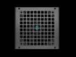 Gray metal computer power supply front with a square vent grid and a teal logo behind the fan center, black background.
