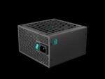 Angled view of a black computer power supply with a blue power switch and teal logo, set against a black background.