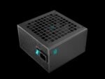 Angled view of a black computer power supply with a teal on/off switch and large top ventilation grille.