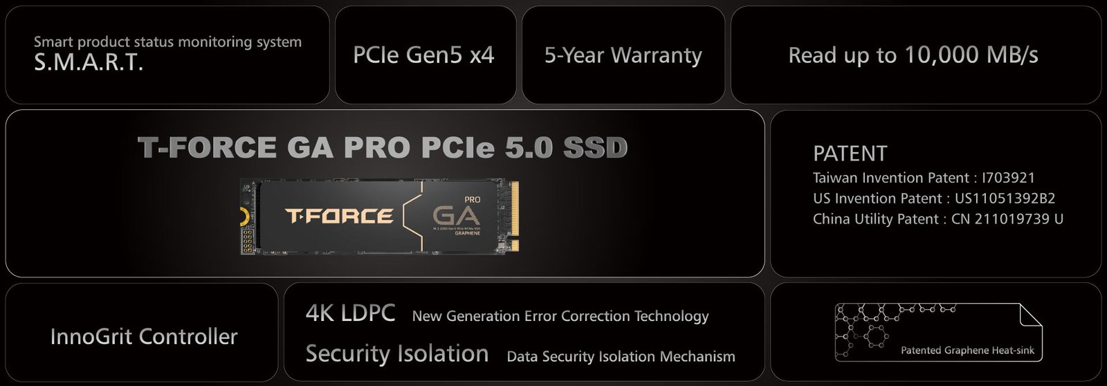 Ce produit offre une expérience haute vitesse uniqueaux joueurs et aux utilisateurs en quête de performances optimales ! Le SSD utilise la toute dernière interface PCIe Gen5 x4 avec prise en charge du protocole NVMe 2.0, atteignant une vitesse de lecture maximale de 10 000 Mo/s.