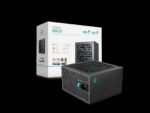 Boxed PQ850G Gold power supply with a black modular PSU in the foreground, set against a black background.