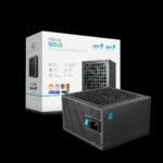 Boxed PQ850G Gold power supply with a black modular PSU in the foreground, set against a black background.