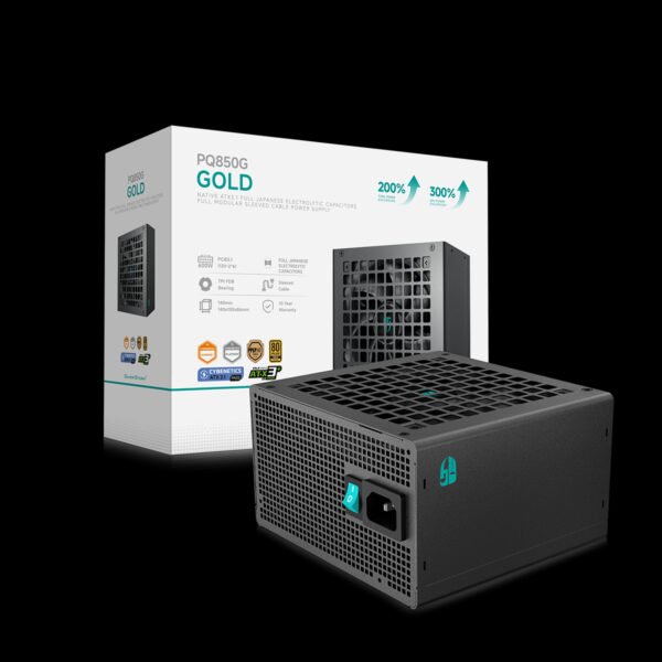Boxed PQ850G Gold power supply with a black modular PSU in the foreground, set against a black background.