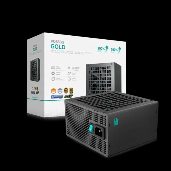 Boxed PQ850G Gold power supply with a black modular PSU in the foreground, set against a black background.