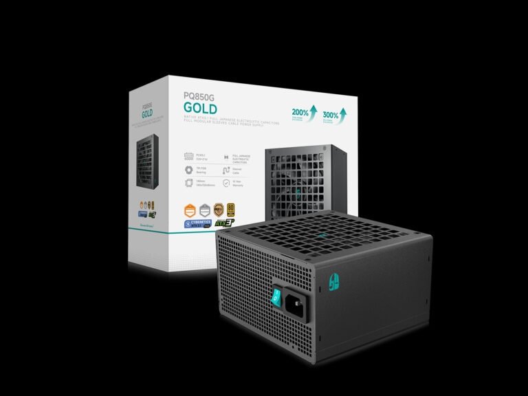 Boxed PQ850G Gold power supply with a black modular PSU in the foreground, set against a black background.