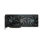 Triple-fan black graphics card with blue Eagle logos and PCIe connector visible on the right side. | Ahoundjuè Technologies Triple-fan black graphics card with blue Eagle logos and PCIe connector visible on the right side.